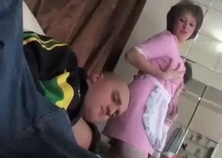 Maid-like MILF snaps and fucks her son